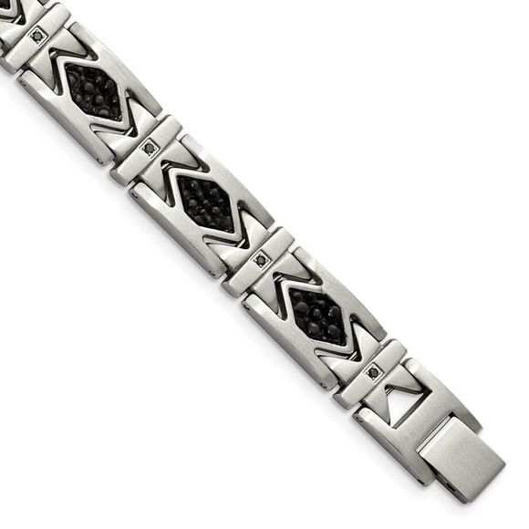 Mens 12mm Stainless Steel Black Leather & CZ Aztec Bracelet 8.5 Inch